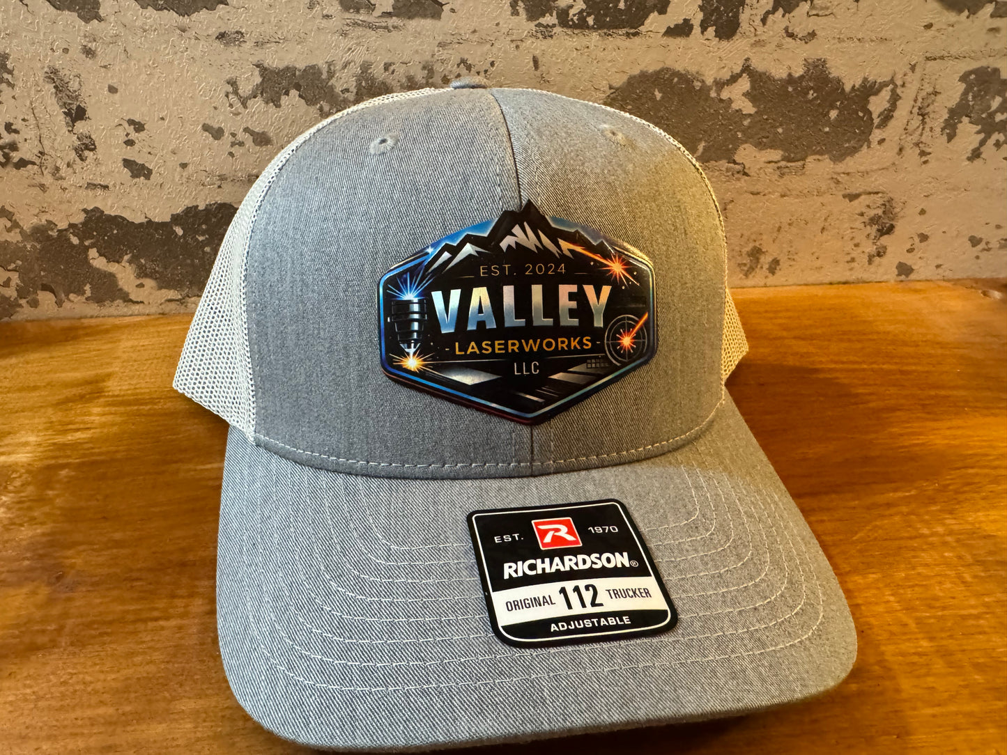 Custom laser engraved leather patch hat on Richardson 112 trucker - Valley Laserworks