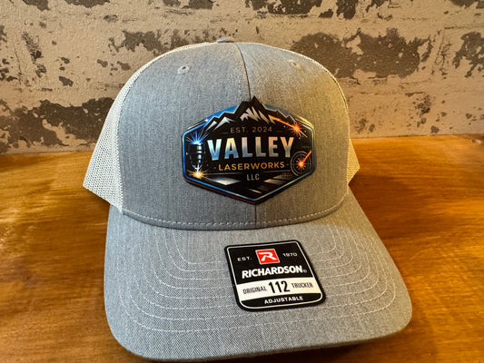 Custom laser engraved leather patch hat on Richardson 112 trucker - Valley Laserworks