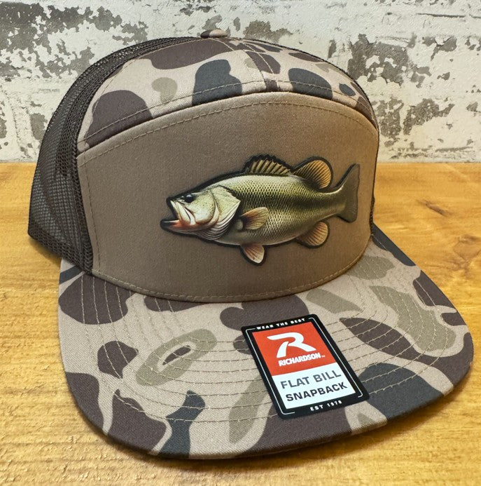 Valley Laserworks Richardson 168 trucker hat with bark duck camo pattern and UV printed bass patch. Features a flat bill and snapback closure.